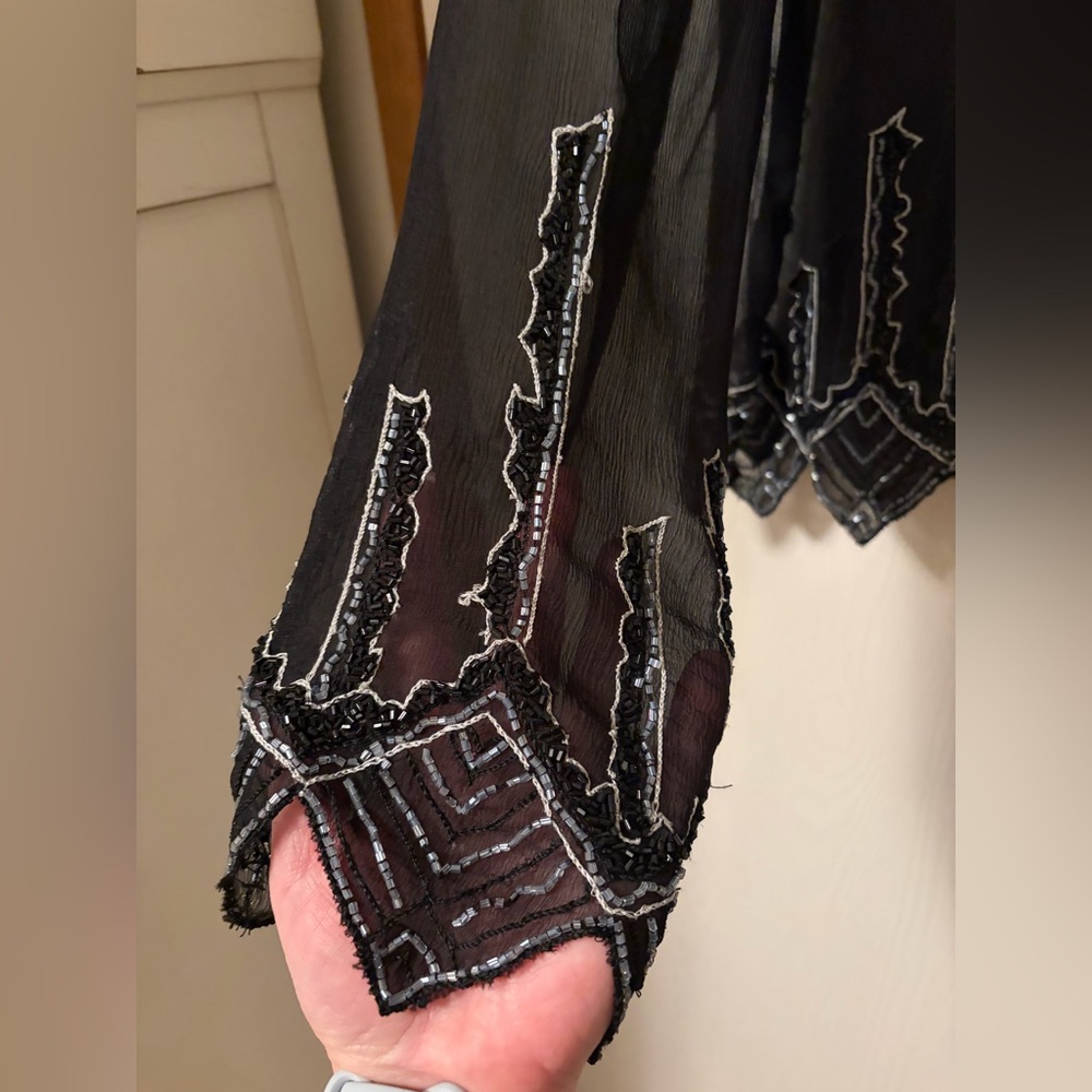 NWT For Joseph 100% Silk Black Sheer Hand-beaded Blouse Scalloped Hem Large - Picture 12 of 16